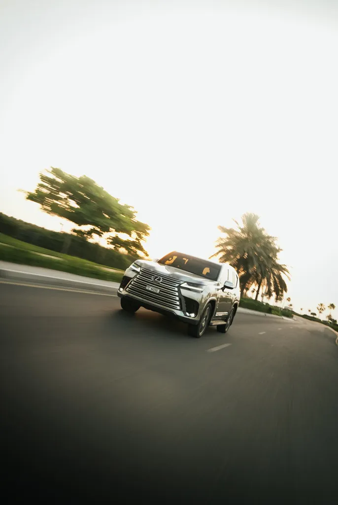 SUV in motion on a curving road with palm trees behind